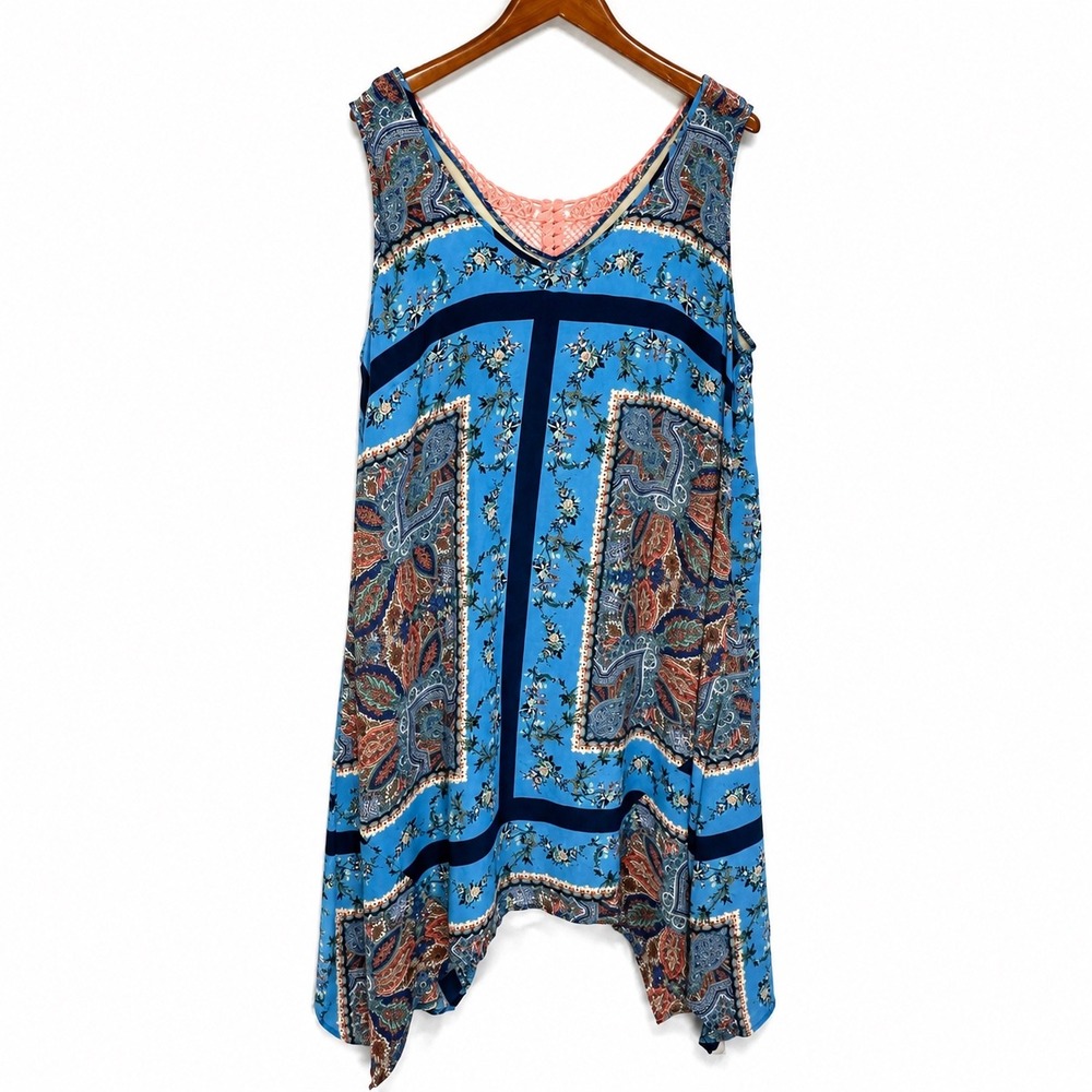 One World Womens 3X Blue Paisley Floral Handkerchief Hem Dress Pink Crochet Lace